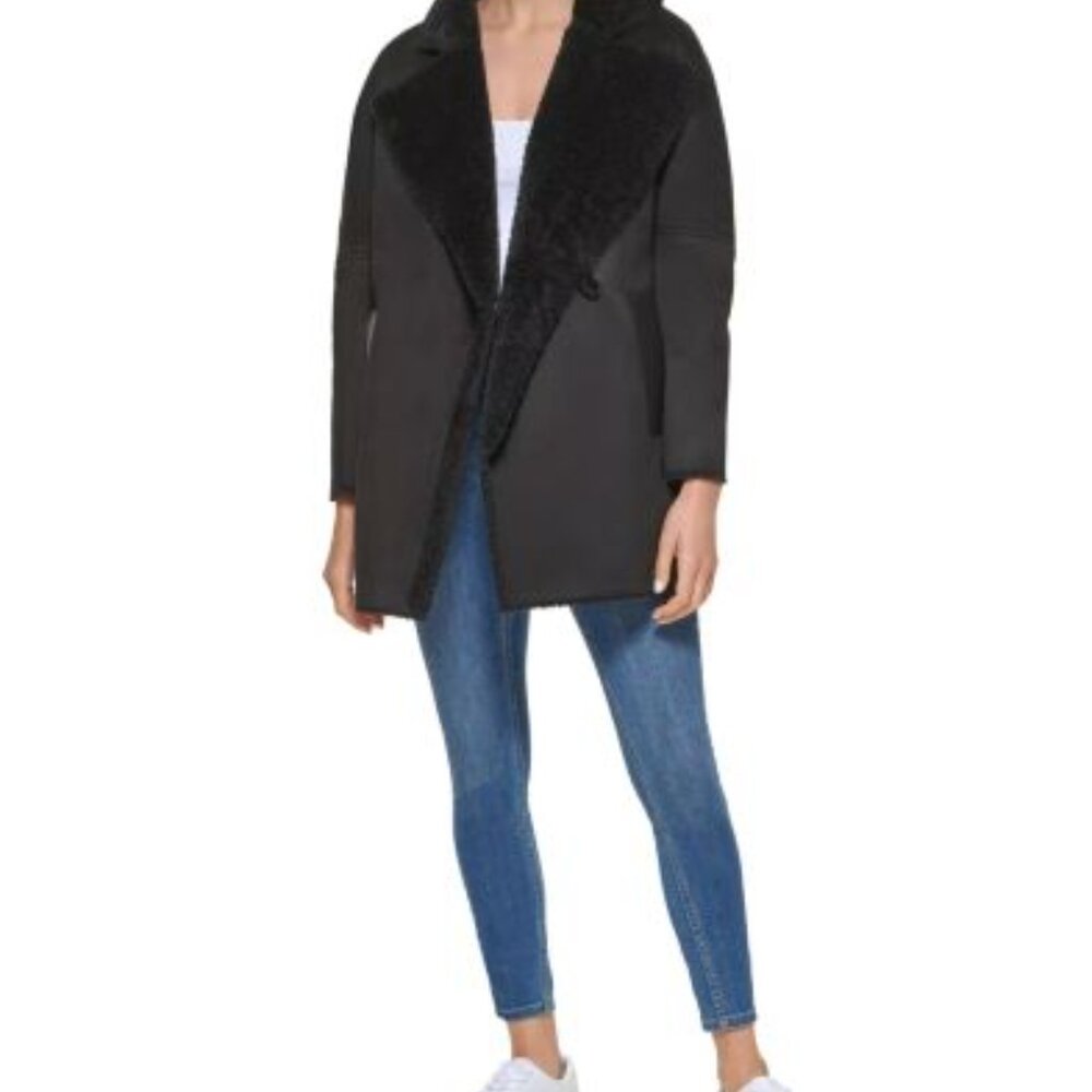NEW Calvin Klein Women's BLACK Midi Warm Faux Shearling Fur Coat size L large
